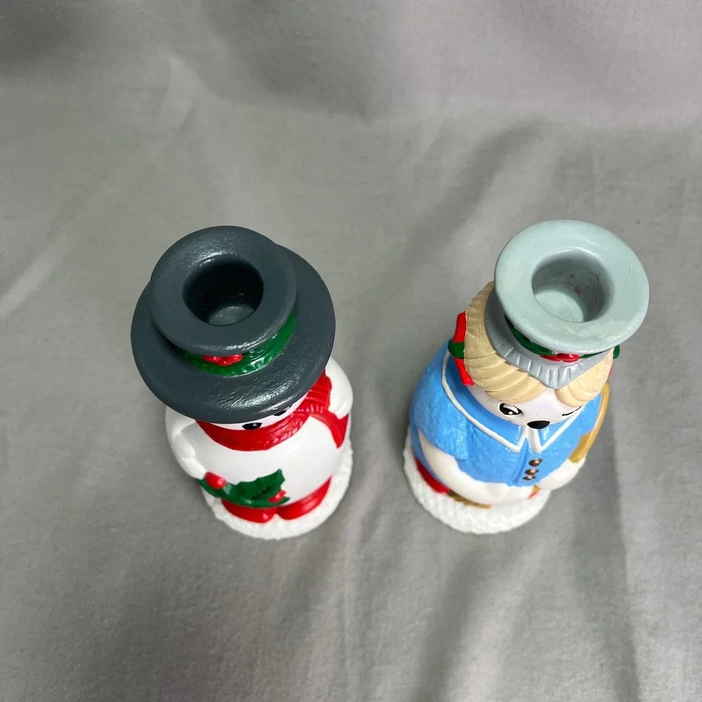 Vintage Hand Painted Ceramic Snowman Couple Taper Candlestick Holders Christmas‎
